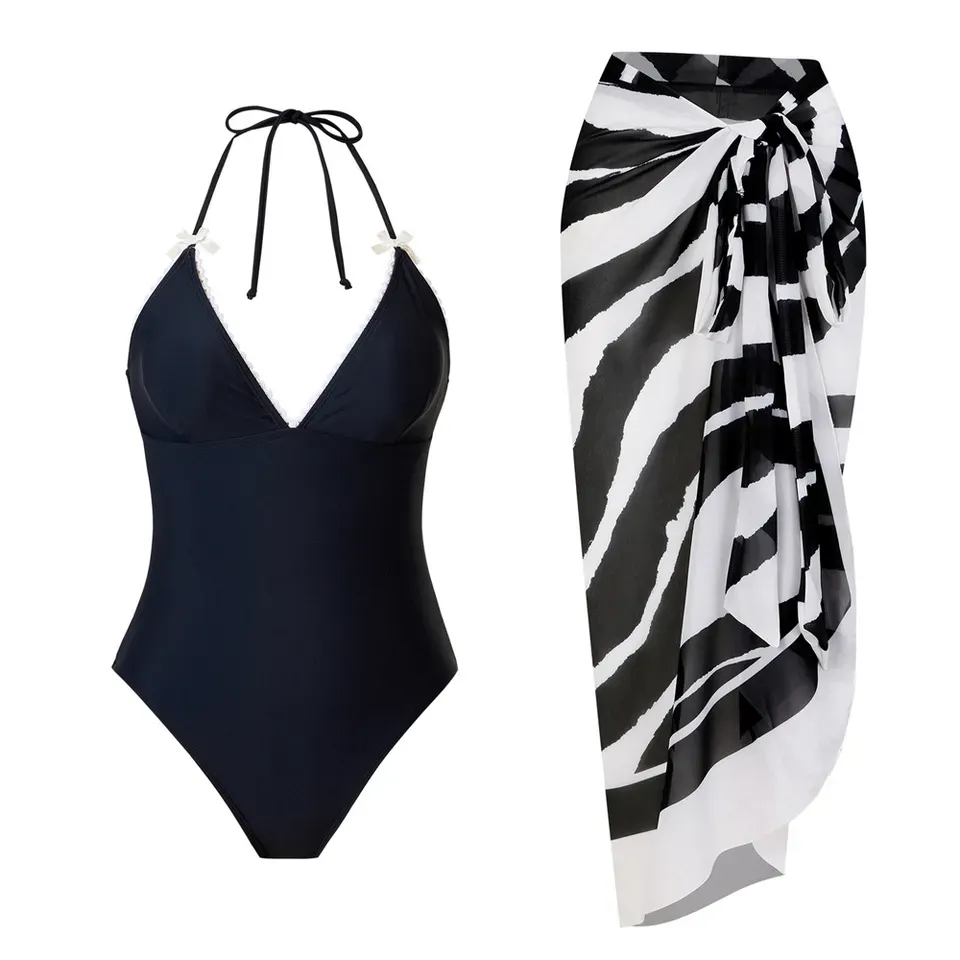 Black Halter Swimsuit with Matching Zebra Sarong | Lily's Summer